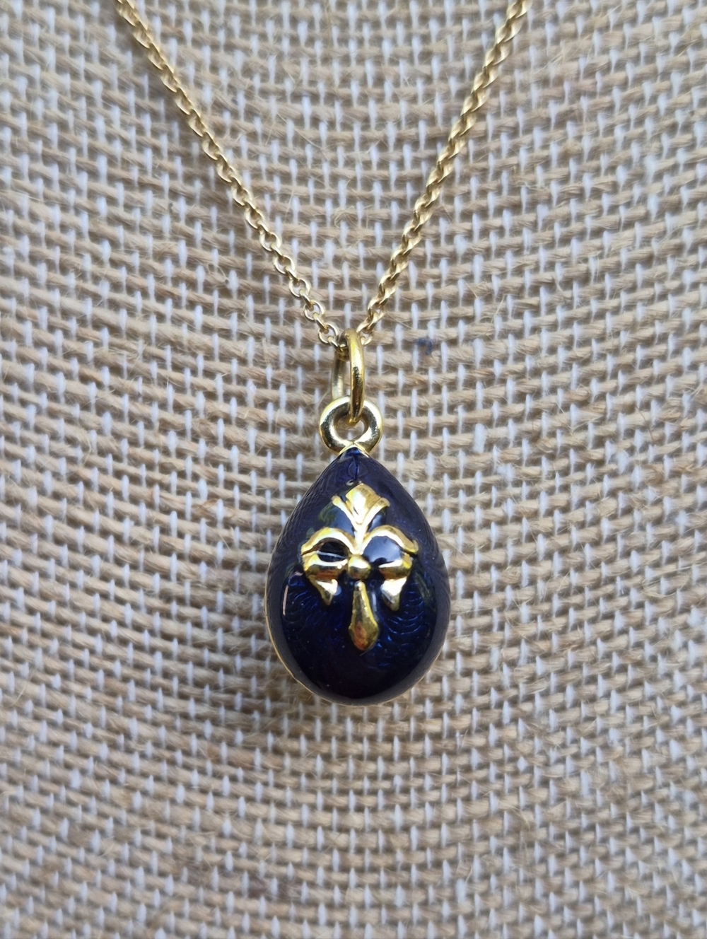 Imperial Blue Enamel Fleur Egg Pendant Necklace Gold Tone 17" Fabergé Inspired